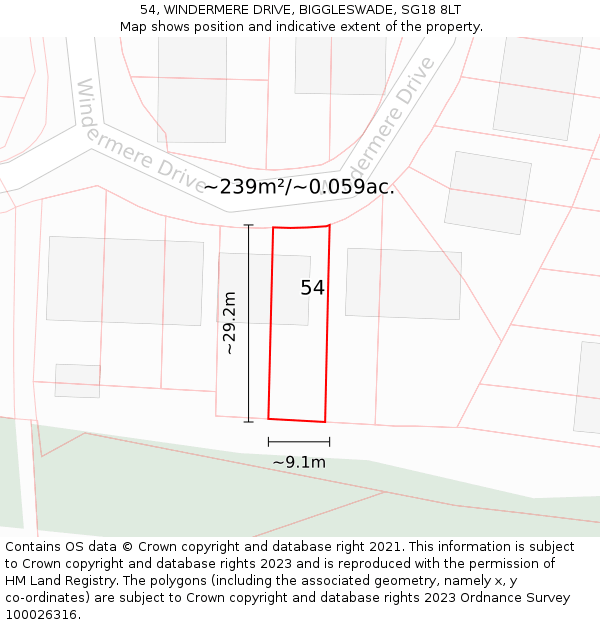 54, WINDERMERE DRIVE, BIGGLESWADE, SG18 8LT: Plot and title map