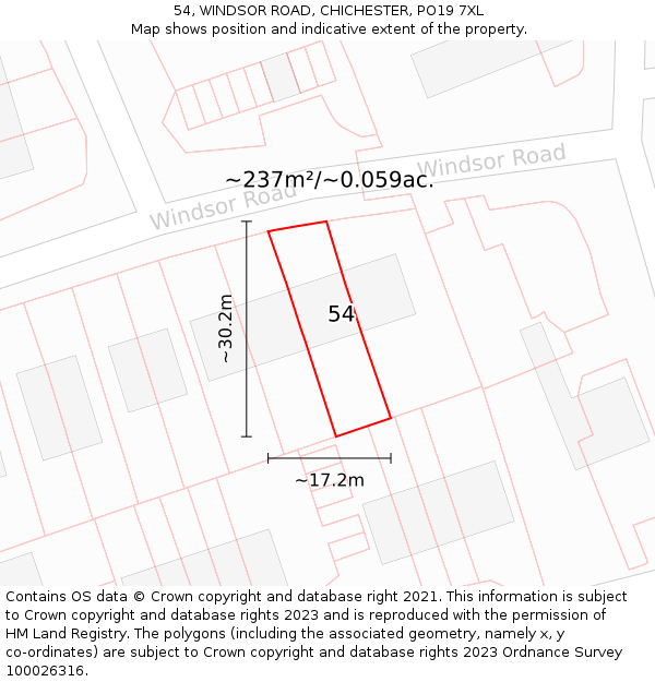 54, WINDSOR ROAD, CHICHESTER, PO19 7XL: Plot and title map