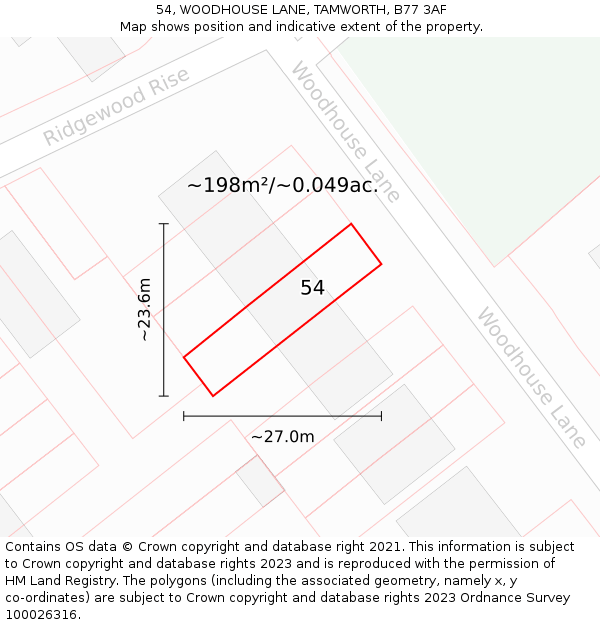 54, WOODHOUSE LANE, TAMWORTH, B77 3AF: Plot and title map