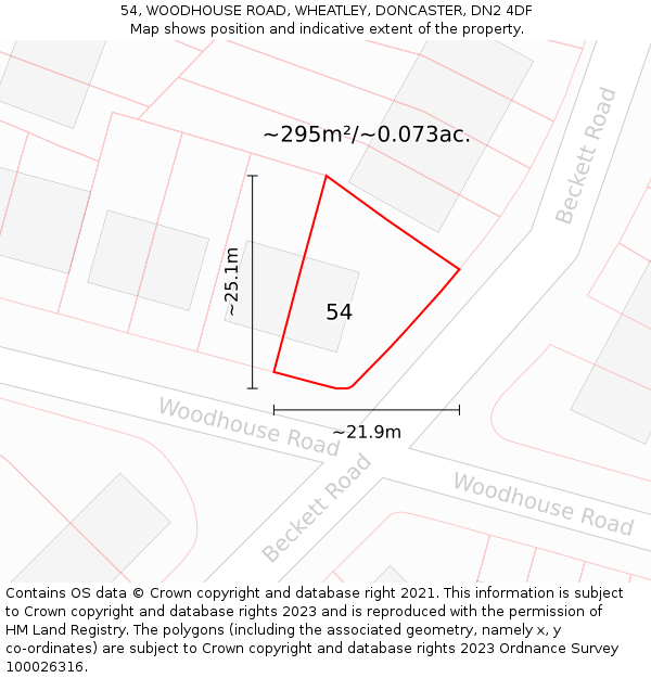 54, WOODHOUSE ROAD, WHEATLEY, DONCASTER, DN2 4DF: Plot and title map