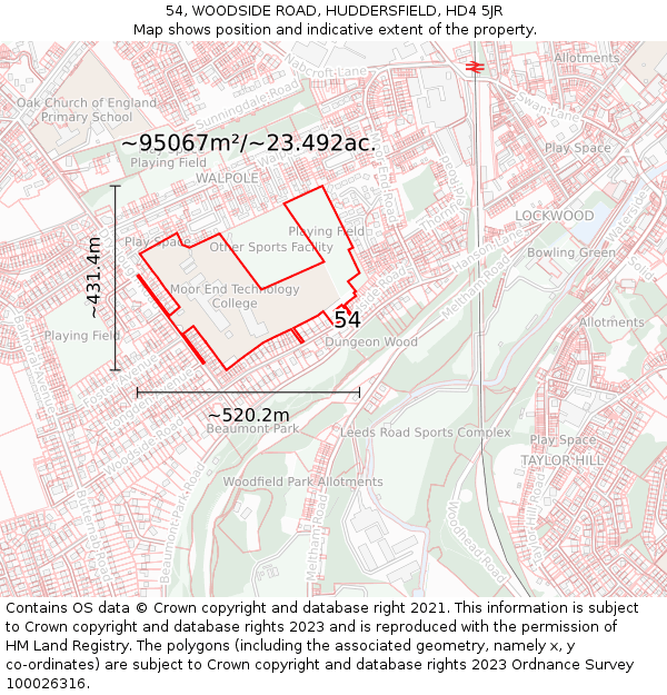 54, WOODSIDE ROAD, HUDDERSFIELD, HD4 5JR: Plot and title map