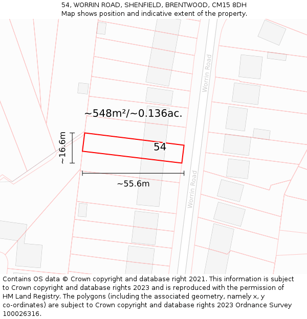 54, WORRIN ROAD, SHENFIELD, BRENTWOOD, CM15 8DH: Plot and title map