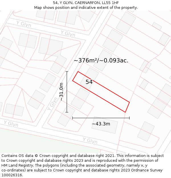 54, Y GLYN, CAERNARFON, LL55 1HF: Plot and title map