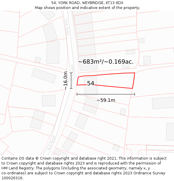 54, YORK ROAD, WEYBRIDGE, KT13 9DX: Plot and title map