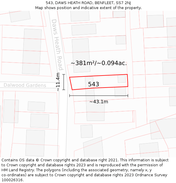 543, DAWS HEATH ROAD, BENFLEET, SS7 2NJ: Plot and title map