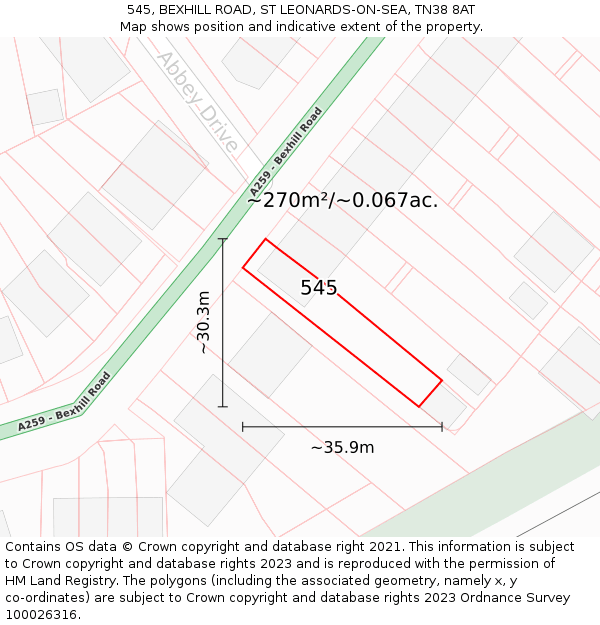 545, BEXHILL ROAD, ST LEONARDS-ON-SEA, TN38 8AT: Plot and title map