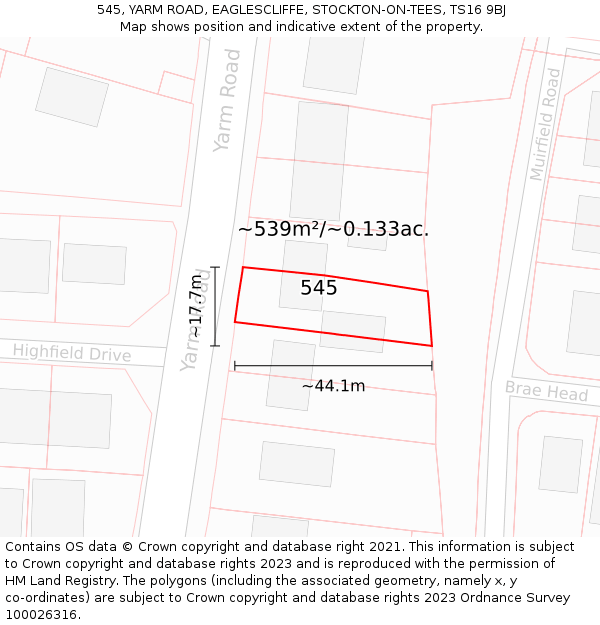 545, YARM ROAD, EAGLESCLIFFE, STOCKTON-ON-TEES, TS16 9BJ: Plot and title map