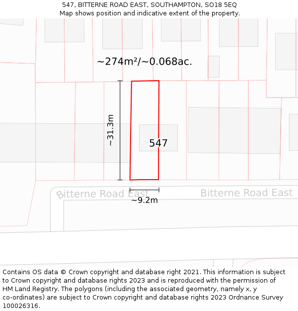547, BITTERNE ROAD EAST, SOUTHAMPTON, SO18 5EQ: Plot and title map