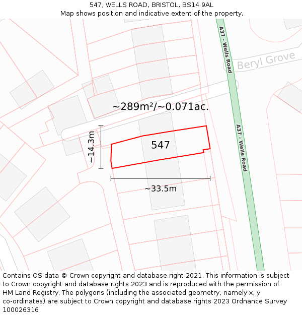 547, WELLS ROAD, BRISTOL, BS14 9AL: Plot and title map