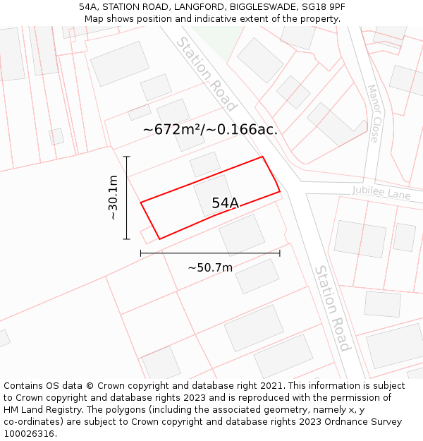 54A, STATION ROAD, LANGFORD, BIGGLESWADE, SG18 9PF: Plot and title map
