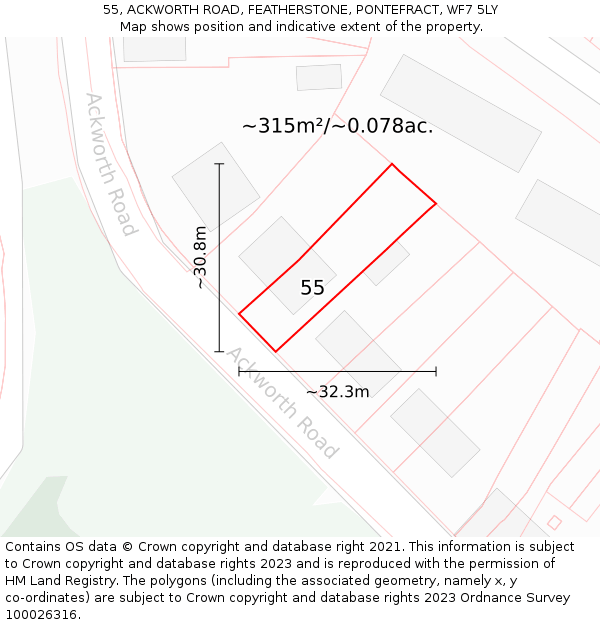 55, ACKWORTH ROAD, FEATHERSTONE, PONTEFRACT, WF7 5LY: Plot and title map
