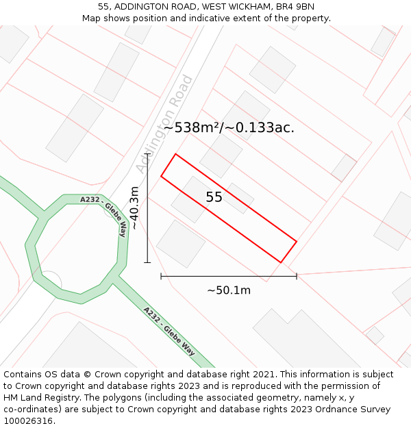 55, ADDINGTON ROAD, WEST WICKHAM, BR4 9BN: Plot and title map
