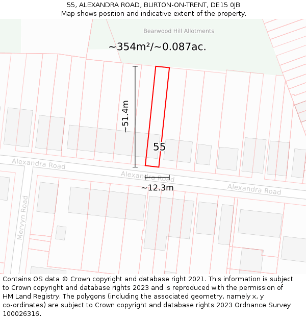 55, ALEXANDRA ROAD, BURTON-ON-TRENT, DE15 0JB: Plot and title map