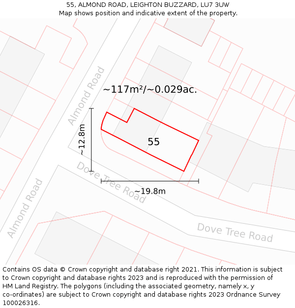 55, ALMOND ROAD, LEIGHTON BUZZARD, LU7 3UW: Plot and title map
