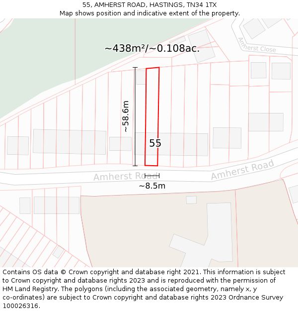 55, AMHERST ROAD, HASTINGS, TN34 1TX: Plot and title map