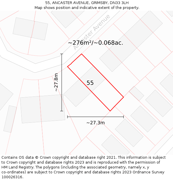 55, ANCASTER AVENUE, GRIMSBY, DN33 3LH: Plot and title map