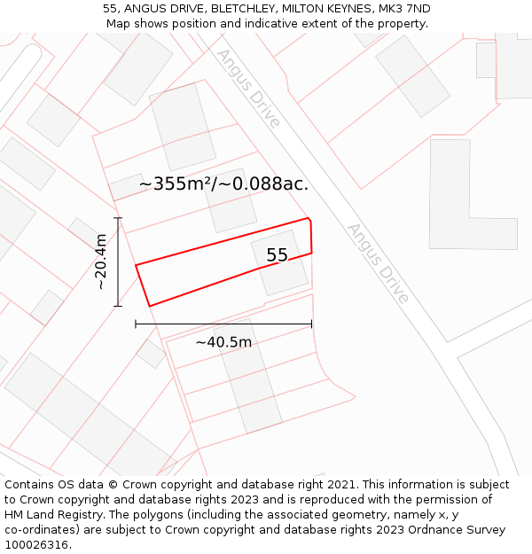 55, ANGUS DRIVE, BLETCHLEY, MILTON KEYNES, MK3 7ND: Plot and title map