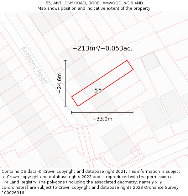 55, ANTHONY ROAD, BOREHAMWOOD, WD6 4NB: Plot and title map