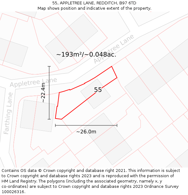 55, APPLETREE LANE, REDDITCH, B97 6TD: Plot and title map
