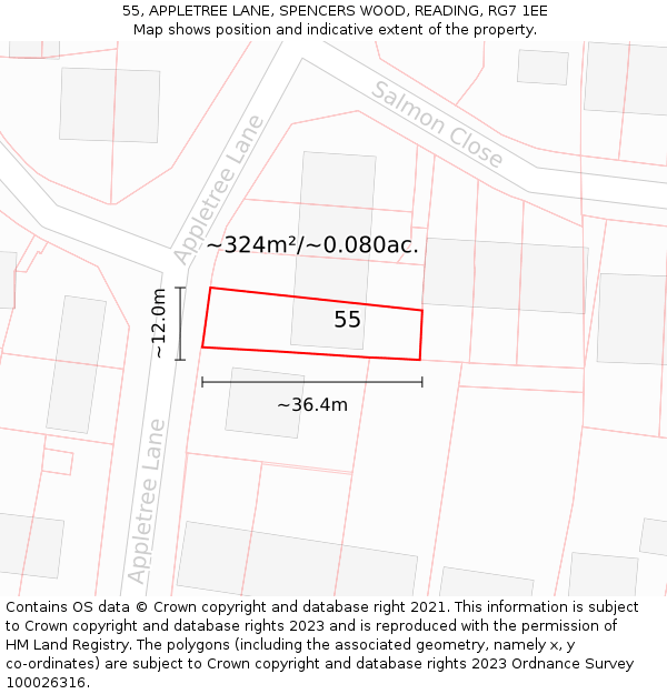 55, APPLETREE LANE, SPENCERS WOOD, READING, RG7 1EE: Plot and title map