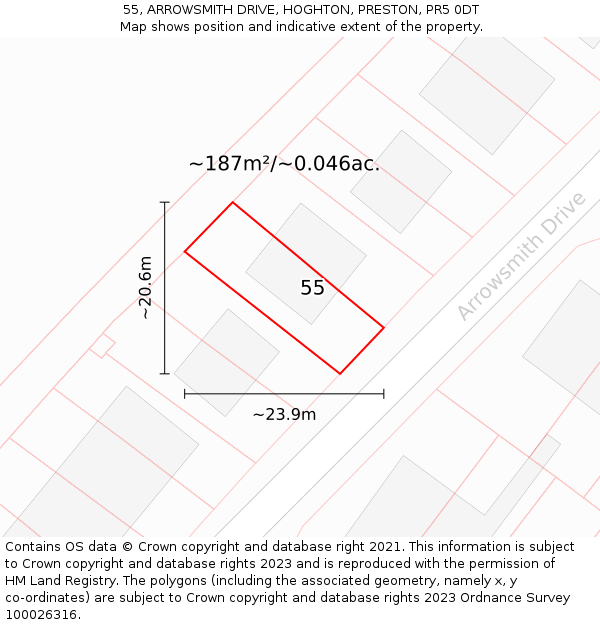55, ARROWSMITH DRIVE, HOGHTON, PRESTON, PR5 0DT: Plot and title map