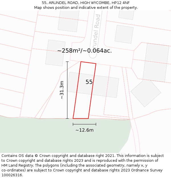 55, ARUNDEL ROAD, HIGH WYCOMBE, HP12 4NF: Plot and title map