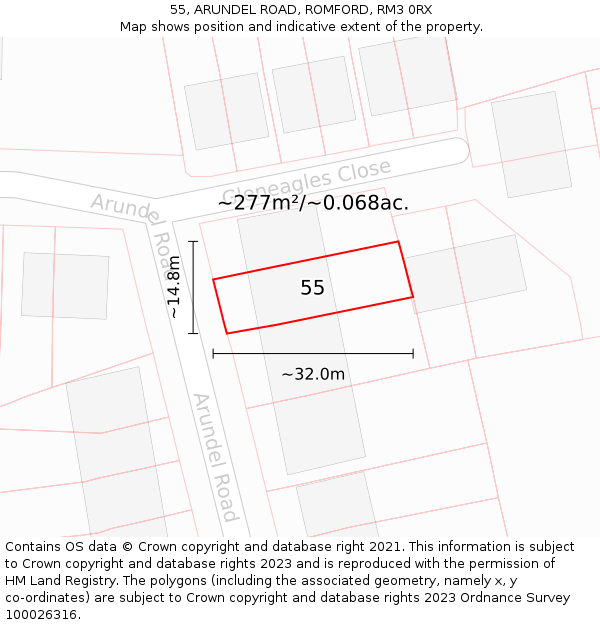 55, ARUNDEL ROAD, ROMFORD, RM3 0RX: Plot and title map