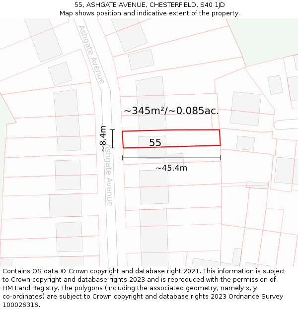 55, ASHGATE AVENUE, CHESTERFIELD, S40 1JD: Plot and title map