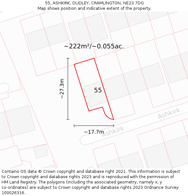 55, ASHKIRK, DUDLEY, CRAMLINGTON, NE23 7DG: Plot and title map