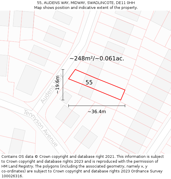 55, AUDENS WAY, MIDWAY, SWADLINCOTE, DE11 0HH: Plot and title map