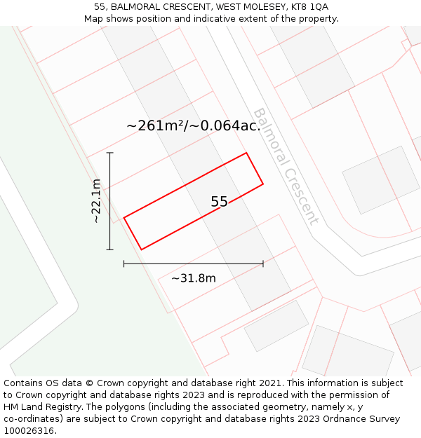 55, BALMORAL CRESCENT, WEST MOLESEY, KT8 1QA: Plot and title map