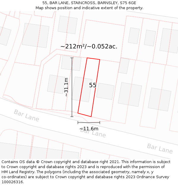 55, BAR LANE, STAINCROSS, BARNSLEY, S75 6GE: Plot and title map
