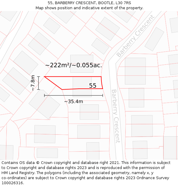 55, BARBERRY CRESCENT, BOOTLE, L30 7RS: Plot and title map