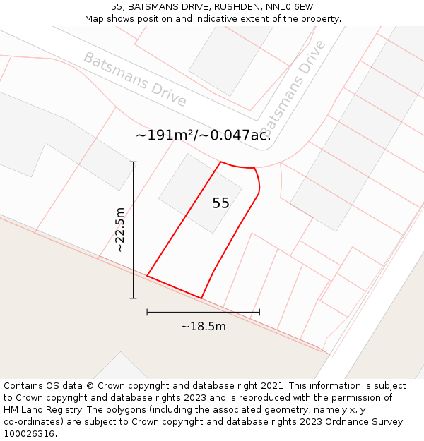 55, BATSMANS DRIVE, RUSHDEN, NN10 6EW: Plot and title map