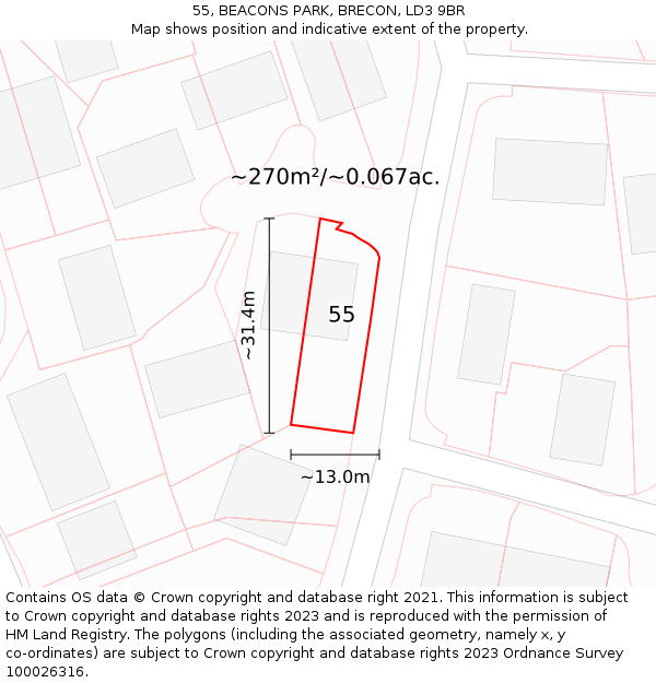 55, BEACONS PARK, BRECON, LD3 9BR: Plot and title map
