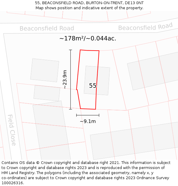 55, BEACONSFIELD ROAD, BURTON-ON-TRENT, DE13 0NT: Plot and title map