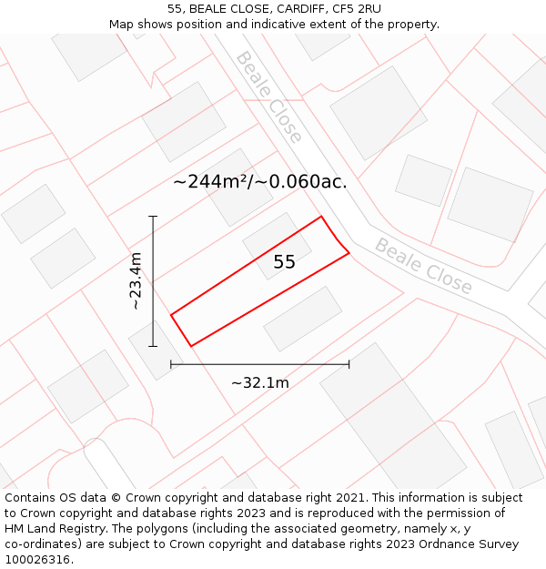 55, BEALE CLOSE, CARDIFF, CF5 2RU: Plot and title map