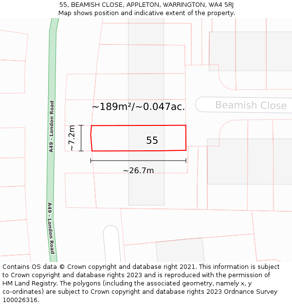 55, BEAMISH CLOSE, APPLETON, WARRINGTON, WA4 5RJ: Plot and title map