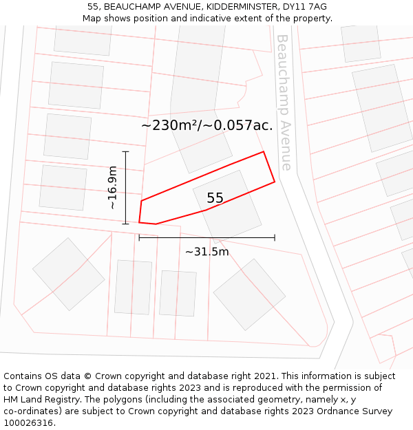 55, BEAUCHAMP AVENUE, KIDDERMINSTER, DY11 7AG: Plot and title map