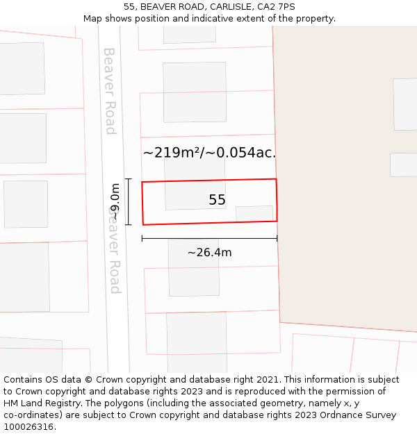 55, BEAVER ROAD, CARLISLE, CA2 7PS: Plot and title map