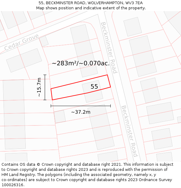55, BECKMINSTER ROAD, WOLVERHAMPTON, WV3 7EA: Plot and title map