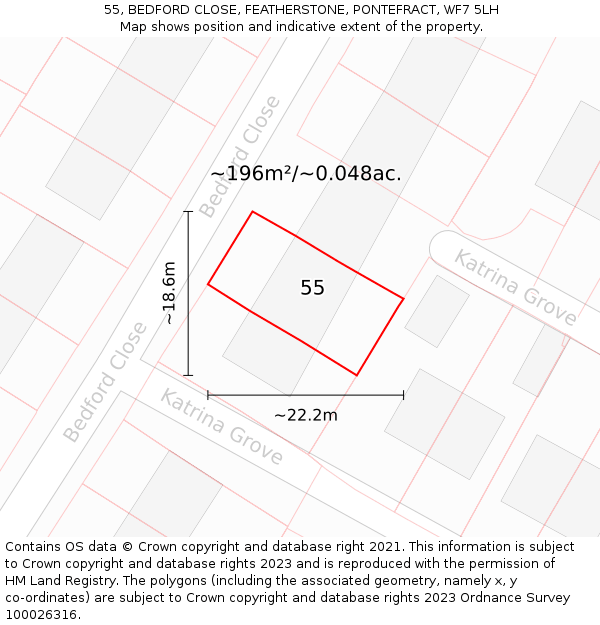 55, BEDFORD CLOSE, FEATHERSTONE, PONTEFRACT, WF7 5LH: Plot and title map