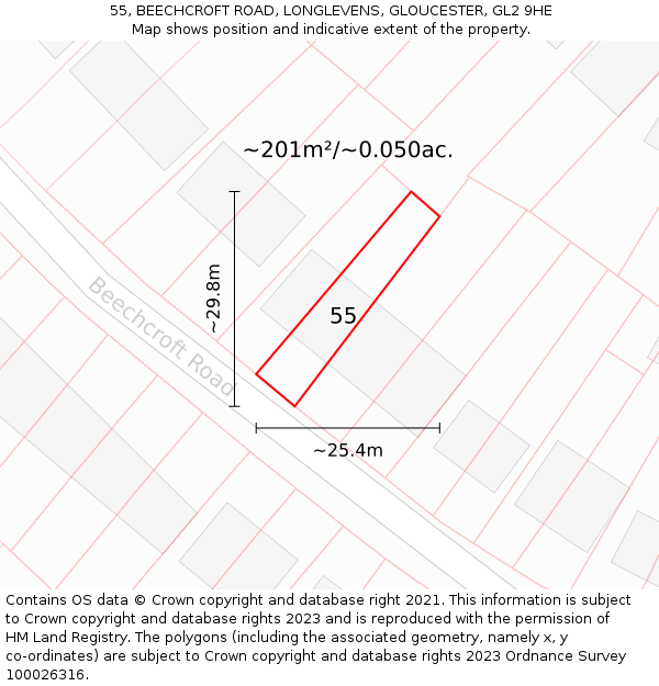 55, BEECHCROFT ROAD, LONGLEVENS, GLOUCESTER, GL2 9HE: Plot and title map
