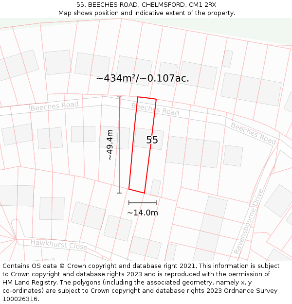 55, BEECHES ROAD, CHELMSFORD, CM1 2RX: Plot and title map