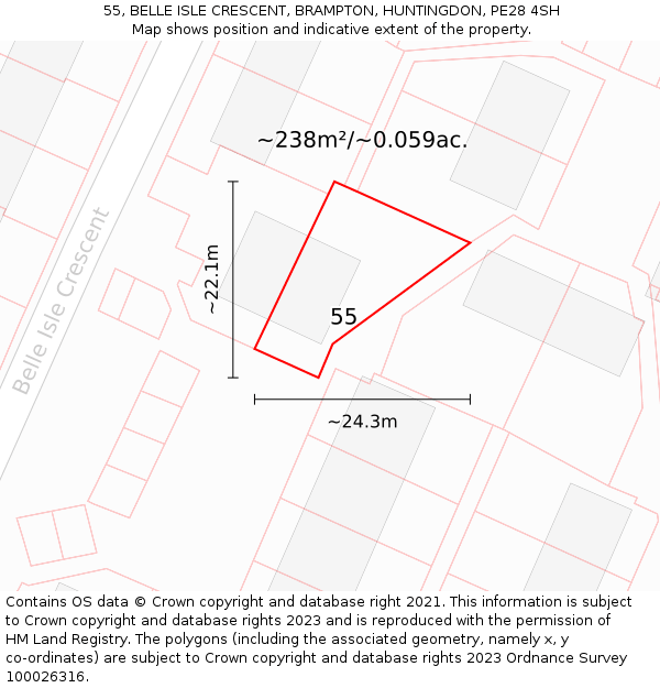 55, BELLE ISLE CRESCENT, BRAMPTON, HUNTINGDON, PE28 4SH: Plot and title map