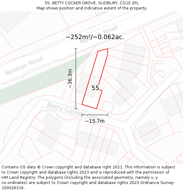 55, BETTY COCKER GROVE, SUDBURY, CO10 2PL: Plot and title map