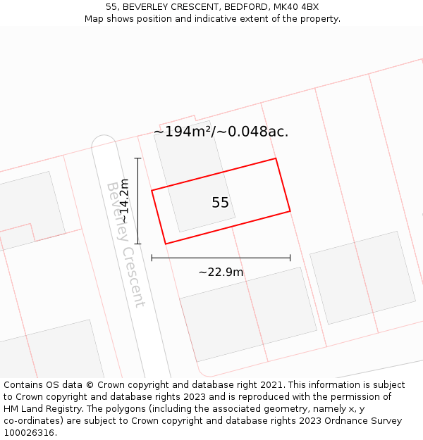 55, BEVERLEY CRESCENT, BEDFORD, MK40 4BX: Plot and title map