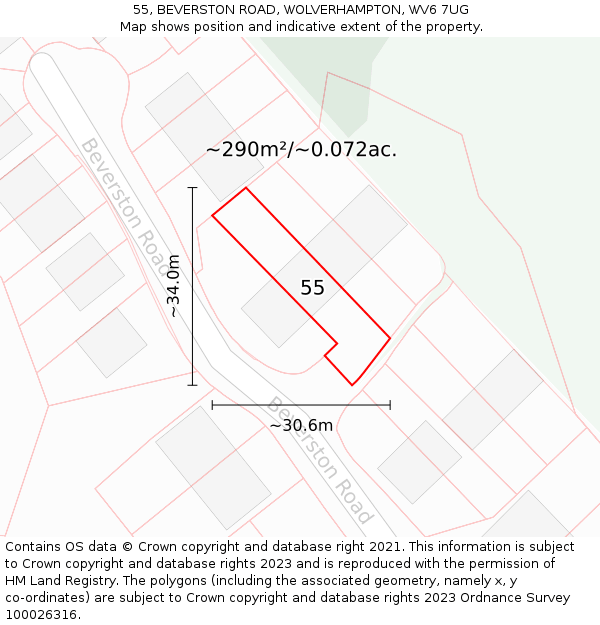 55, BEVERSTON ROAD, WOLVERHAMPTON, WV6 7UG: Plot and title map