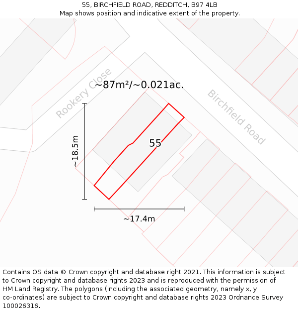 55, BIRCHFIELD ROAD, REDDITCH, B97 4LB: Plot and title map