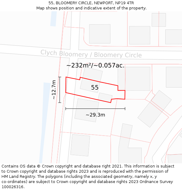 55, BLOOMERY CIRCLE, NEWPORT, NP19 4TR: Plot and title map